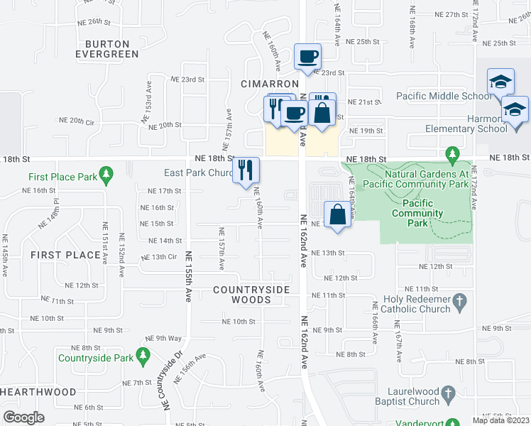 map of restaurants, bars, coffee shops, grocery stores, and more near 16001 Northeast 16th Circle in Vancouver
