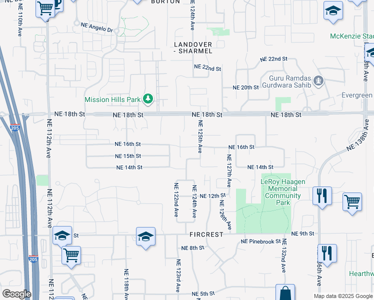 map of restaurants, bars, coffee shops, grocery stores, and more near 12310 Northeast 15th Street in Vancouver