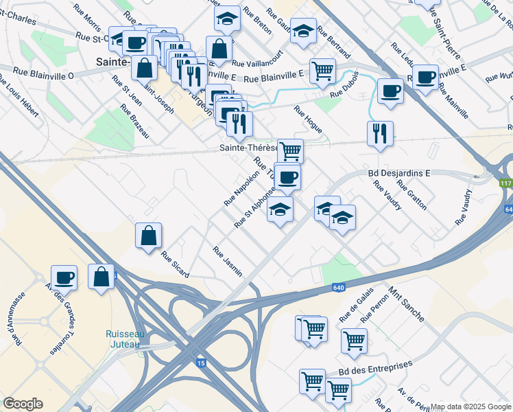 map of restaurants, bars, coffee shops, grocery stores, and more near Rue Leroux in Sainte-Thérèse