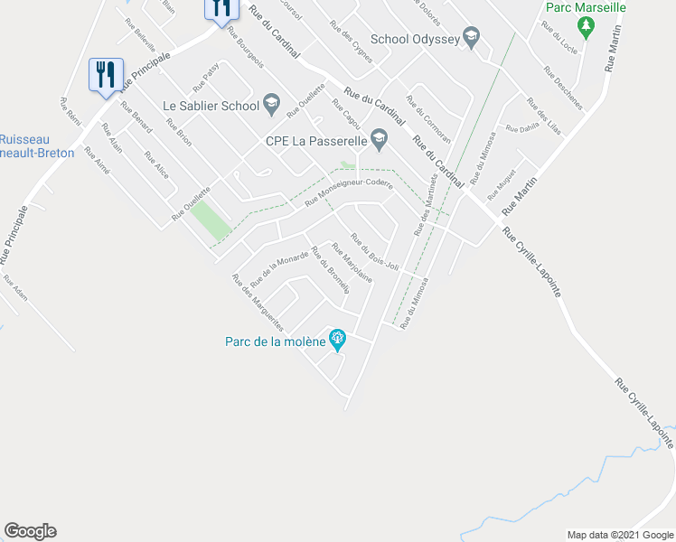 map of restaurants, bars, coffee shops, grocery stores, and more near 146 Rue du Bromélia in Lajemmerais