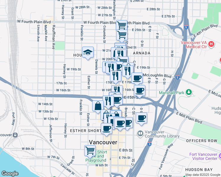 map of restaurants, bars, coffee shops, grocery stores, and more near 1510 Washington Street in Vancouver