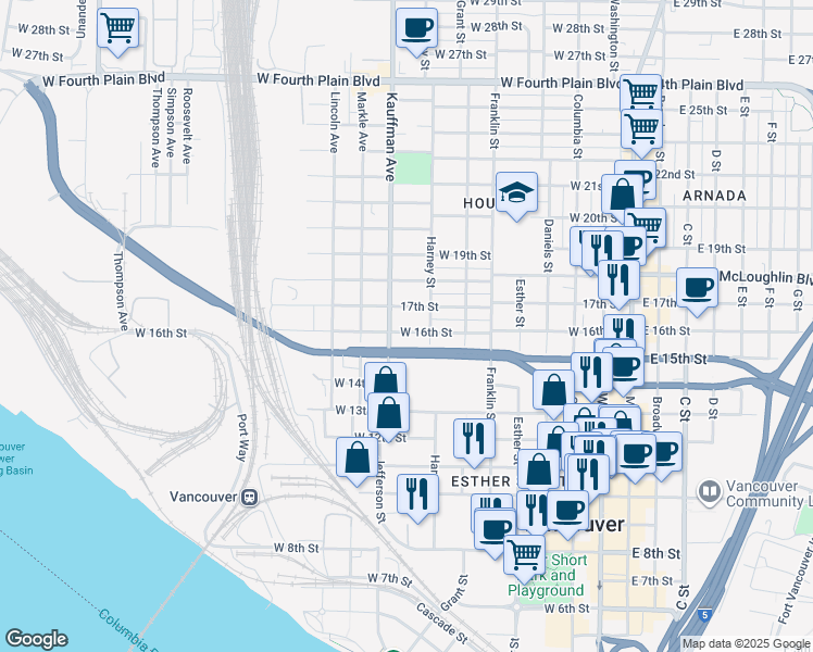 map of restaurants, bars, coffee shops, grocery stores, and more near 1509 Kauffman Avenue in Vancouver