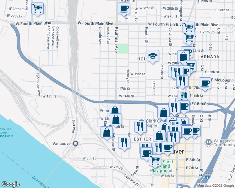map of restaurants, bars, coffee shops, grocery stores, and more near 1603 Kauffman Avenue in Vancouver
