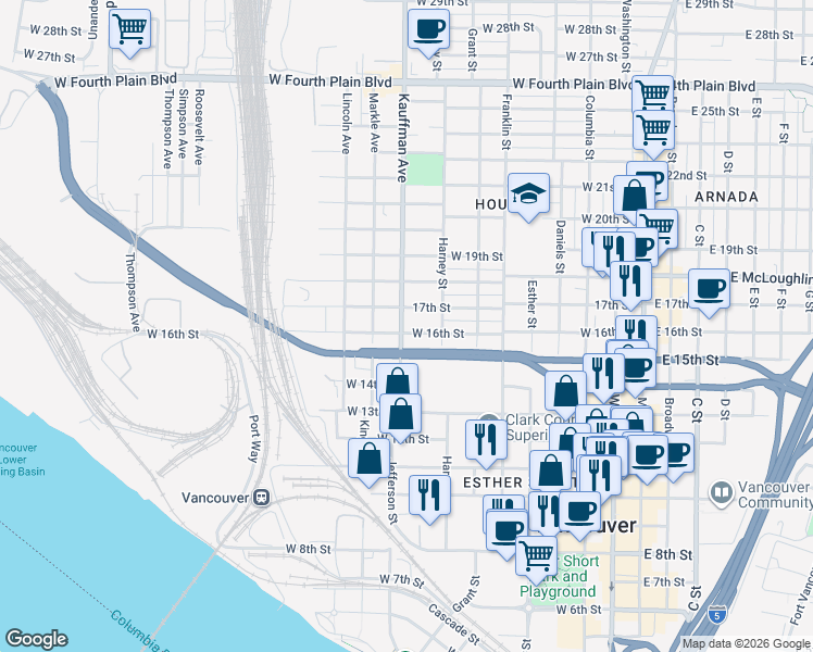 map of restaurants, bars, coffee shops, grocery stores, and more near 1603 Kauffman Avenue in Vancouver