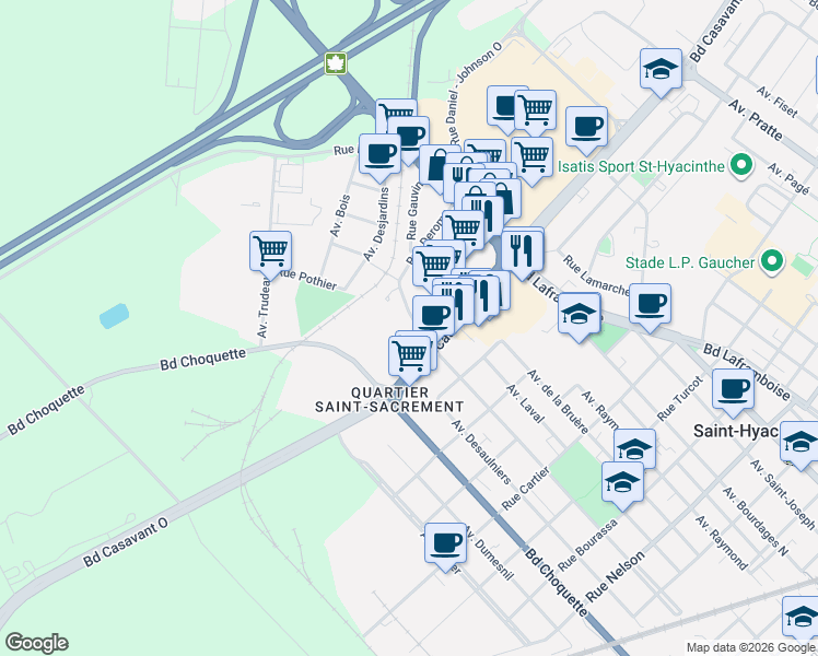 map of restaurants, bars, coffee shops, grocery stores, and more near 3025 Avenue Sainte-Catherine in Saint-Hyacinthe