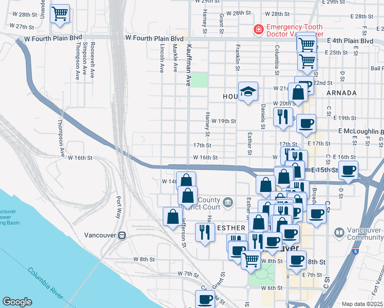 map of restaurants, bars, coffee shops, grocery stores, and more near 1601 Kauffman Avenue in Vancouver