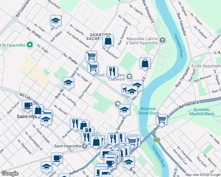 map of restaurants, bars, coffee shops, grocery stores, and more near 2025 Avenue Pratte in Saint-Hyacinthe