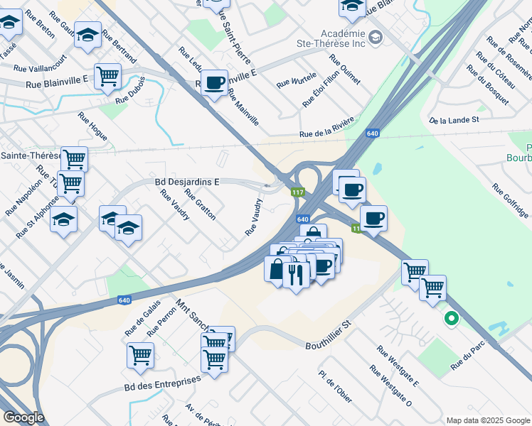 map of restaurants, bars, coffee shops, grocery stores, and more near 171 Rue Vaudry in Sainte-Thérèse