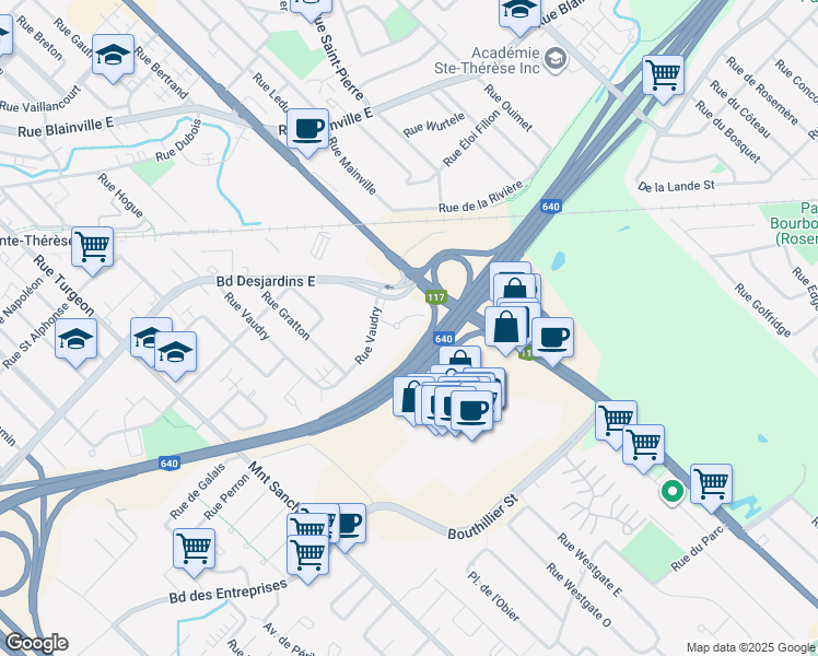 map of restaurants, bars, coffee shops, grocery stores, and more near 140 Place Brosseau in Sainte-Thérèse