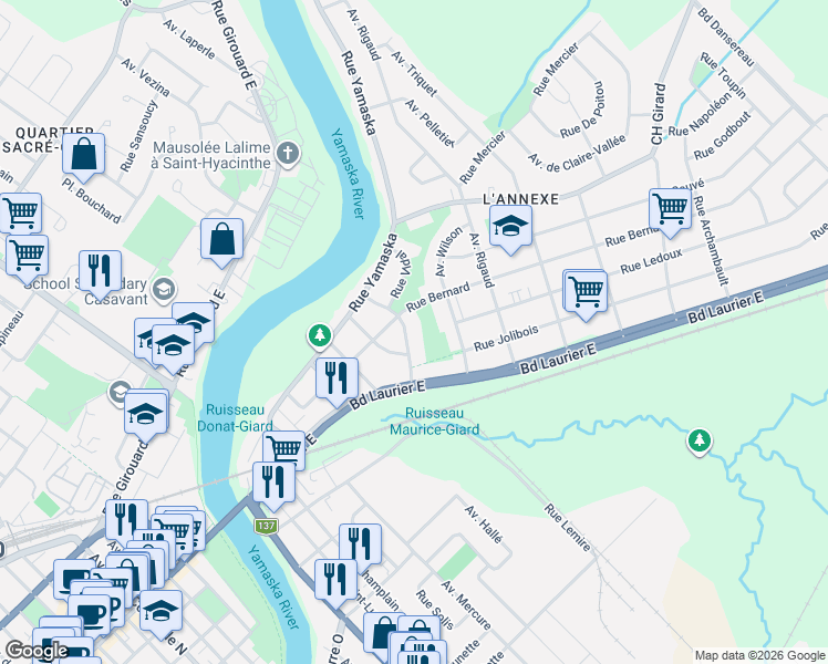 map of restaurants, bars, coffee shops, grocery stores, and more near 12930 Avenue Noiseux in Saint-Hyacinthe