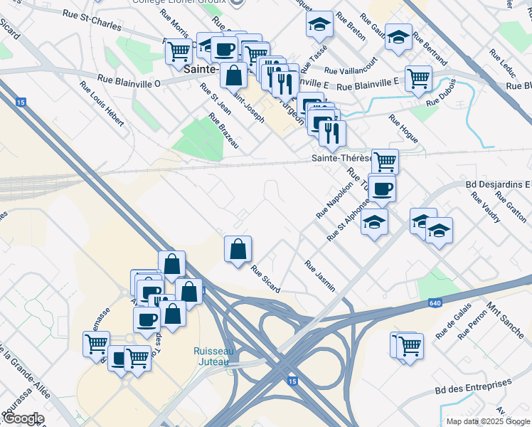 map of restaurants, bars, coffee shops, grocery stores, and more near 98 Rue Blanchard in Sainte-Thérèse