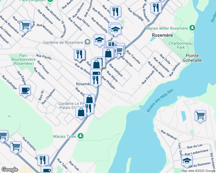 map of restaurants, bars, coffee shops, grocery stores, and more near 179 Rue Philippe in Rosemère