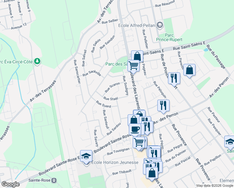 map of restaurants, bars, coffee shops, grocery stores, and more near 120 Rue Sevigne in Laval