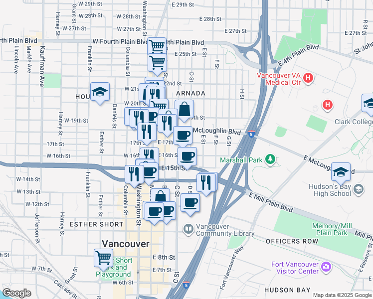 map of restaurants, bars, coffee shops, grocery stores, and more near 1500 D Street in Vancouver