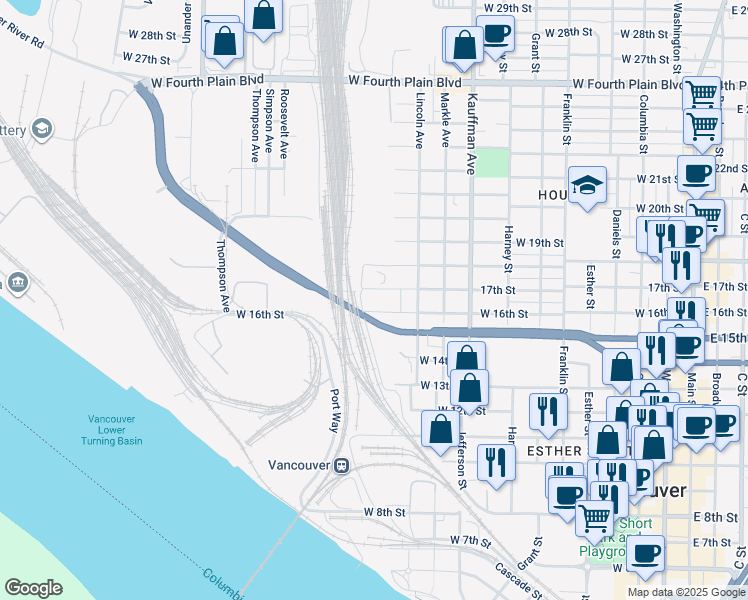 map of restaurants, bars, coffee shops, grocery stores, and more near 2000 West Mill Plain Boulevard in Vancouver