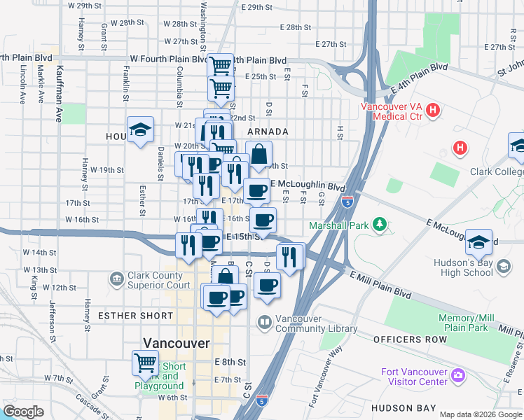 map of restaurants, bars, coffee shops, grocery stores, and more near 1500 D Street in Vancouver