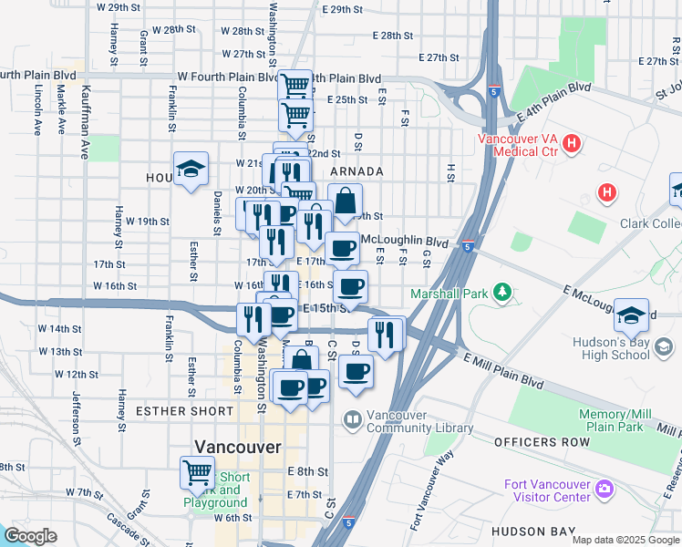 map of restaurants, bars, coffee shops, grocery stores, and more near 1655 C Street in Vancouver
