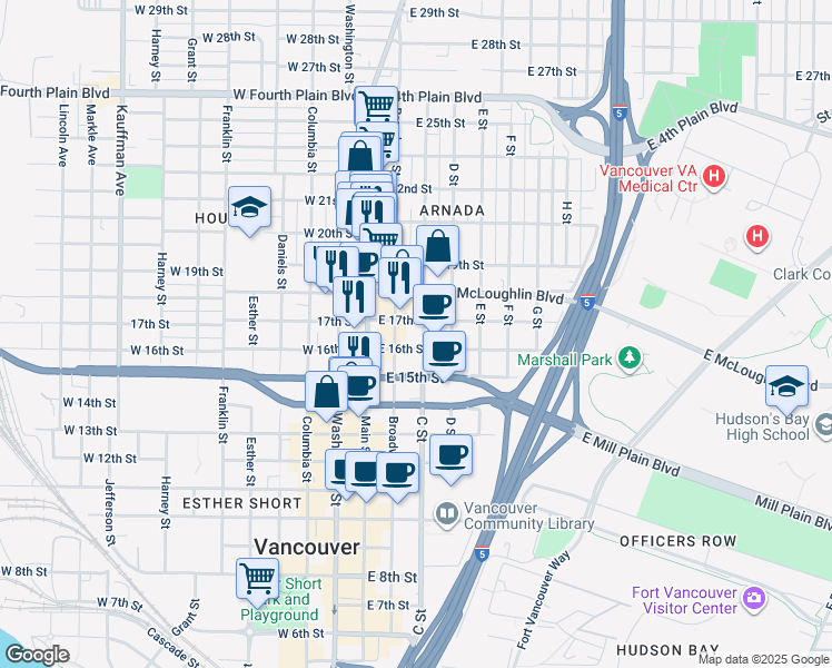 map of restaurants, bars, coffee shops, grocery stores, and more near 206 East 17th Street in Vancouver
