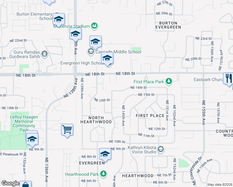 map of restaurants, bars, coffee shops, grocery stores, and more near 14315 Northeast 16th Street in Vancouver
