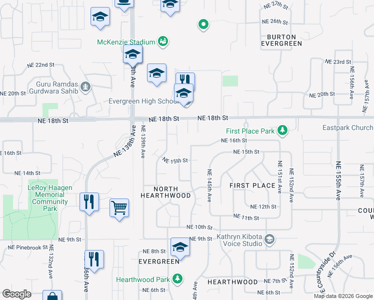 map of restaurants, bars, coffee shops, grocery stores, and more near 1512 Northeast 143rd Avenue in Vancouver