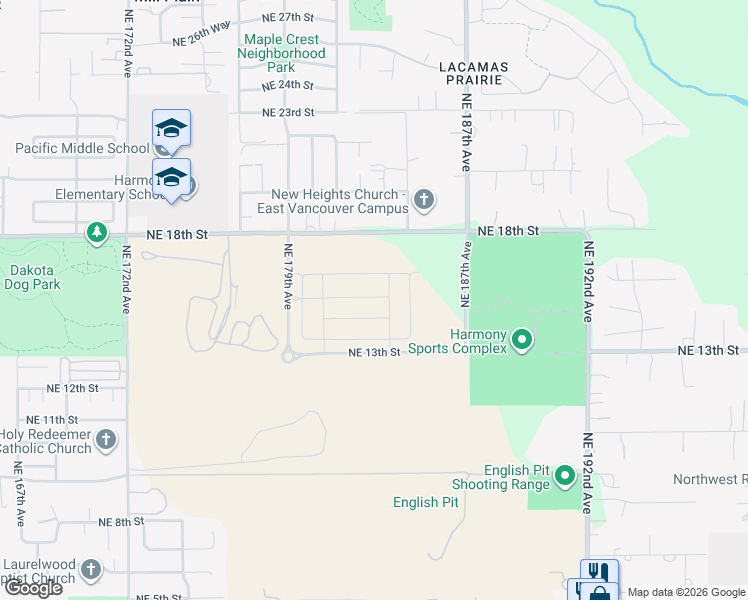 map of restaurants, bars, coffee shops, grocery stores, and more near 18203 Northeast 18th Street in Vancouver