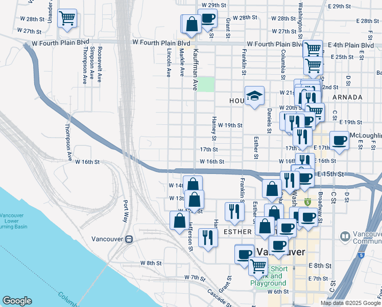 map of restaurants, bars, coffee shops, grocery stores, and more near 1013 West McLoughlin Boulevard in Vancouver