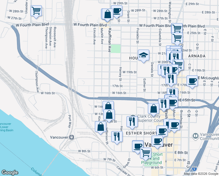 map of restaurants, bars, coffee shops, grocery stores, and more near 1607 Kauffman Avenue in Vancouver