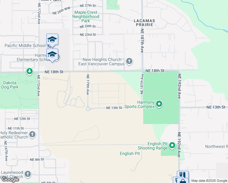 map of restaurants, bars, coffee shops, grocery stores, and more near 18203 Northeast 18th Street in Vancouver