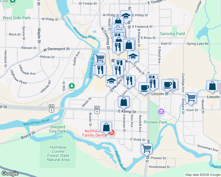map of restaurants, bars, coffee shops, grocery stores, and more near 416 South Pelham Street in Rhinelander