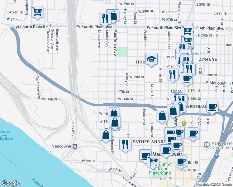 map of restaurants, bars, coffee shops, grocery stores, and more near 1613 Kauffman Avenue in Vancouver