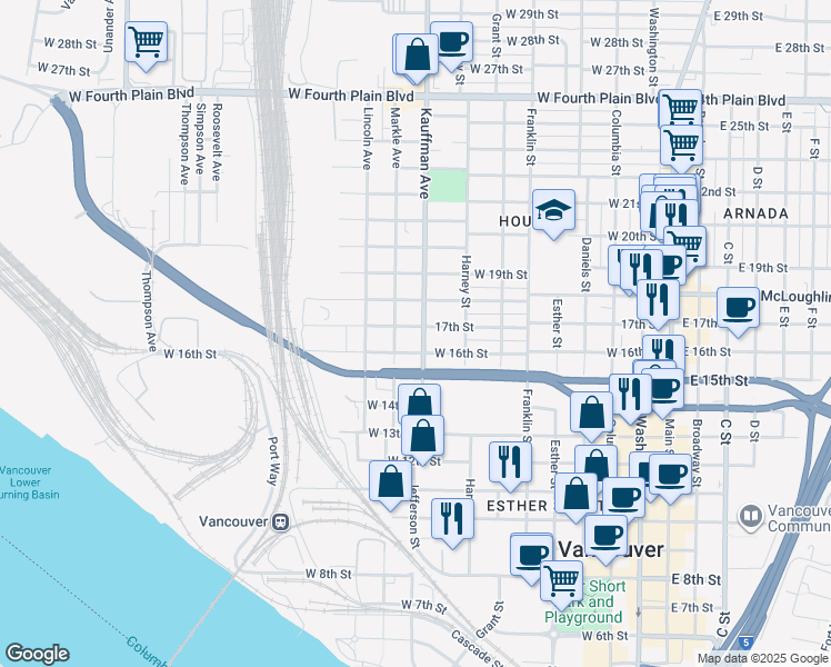 map of restaurants, bars, coffee shops, grocery stores, and more near 1013 West McLoughlin Boulevard in Vancouver