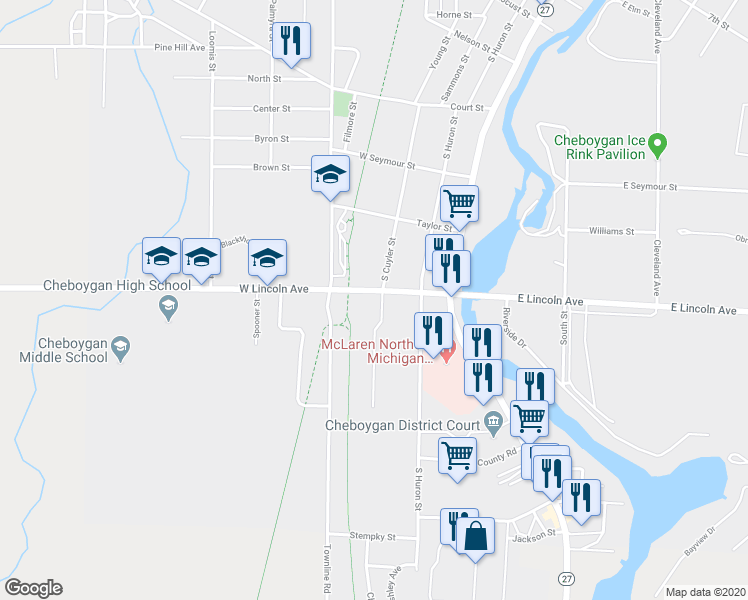 map of restaurants, bars, coffee shops, grocery stores, and more near 511 West Lincoln Avenue in Cheboygan