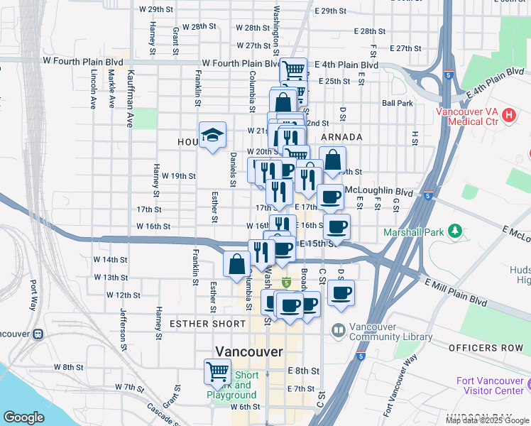 map of restaurants, bars, coffee shops, grocery stores, and more near 1708 Washington Street in Vancouver
