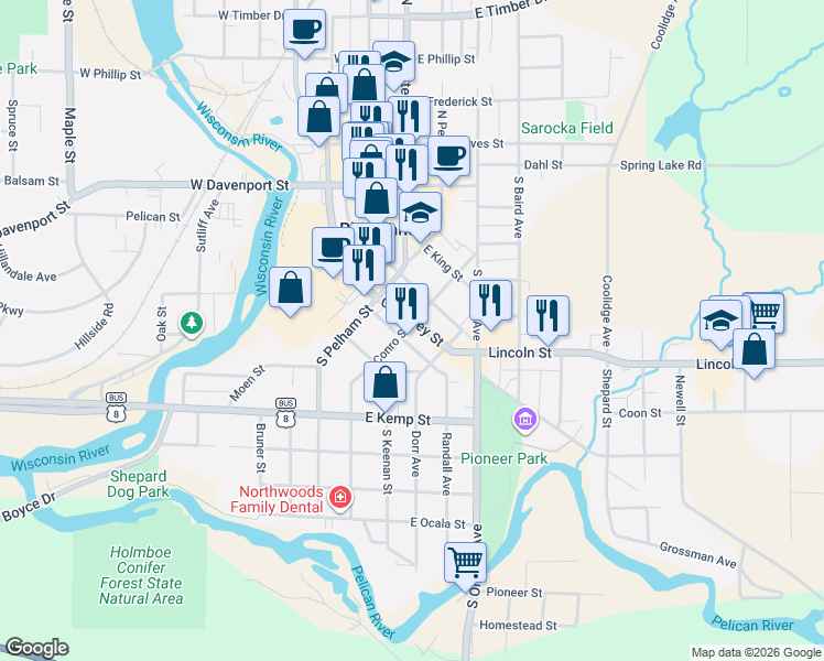 map of restaurants, bars, coffee shops, grocery stores, and more near 106 East Anderson Street in Rhinelander
