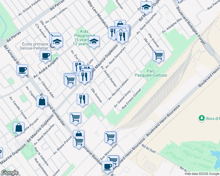 map of restaurants, bars, coffee shops, grocery stores, and more near 11813 Avenue Louis Sicotte in Montréal