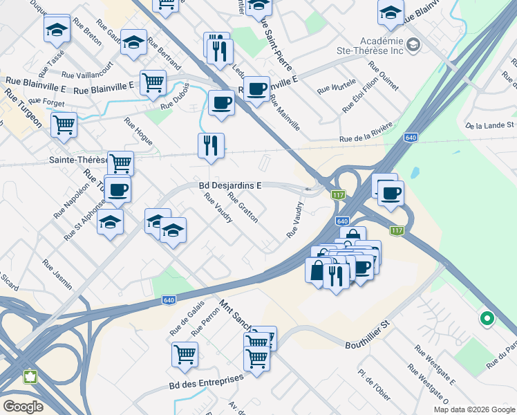 map of restaurants, bars, coffee shops, grocery stores, and more near 53 Rue Joanette in Sainte-Thérèse