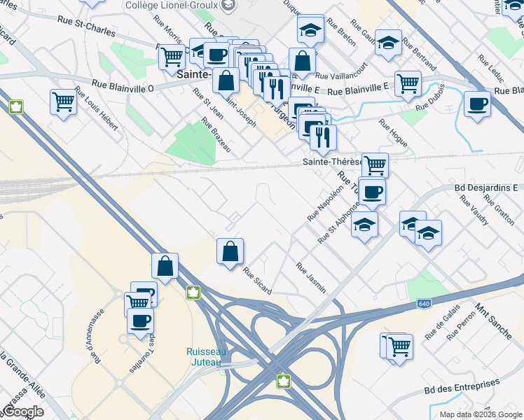 map of restaurants, bars, coffee shops, grocery stores, and more near 98 Rue Blanchard in Sainte-Thérèse