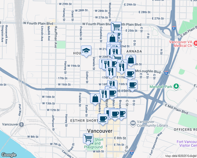 map of restaurants, bars, coffee shops, grocery stores, and more near 1616 Columbia Street in Vancouver