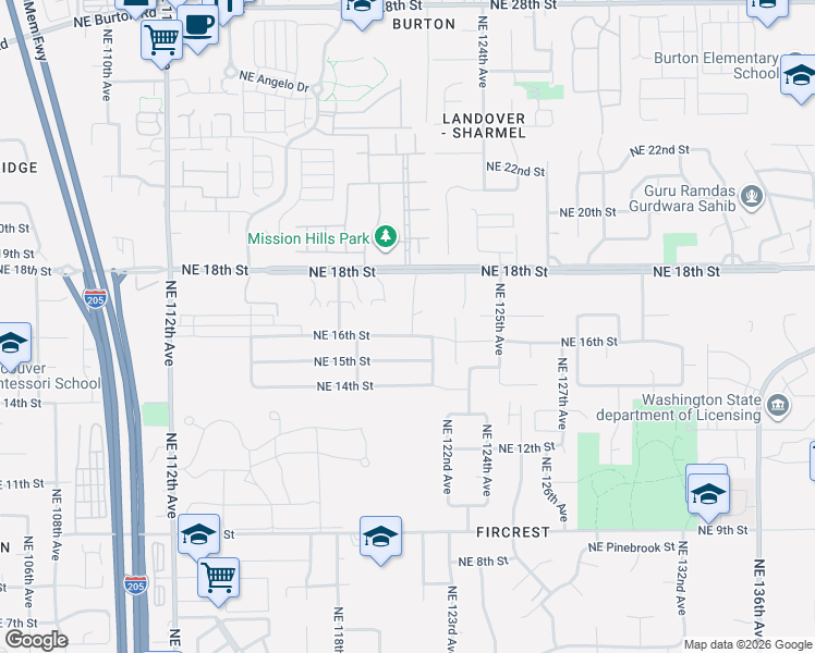 map of restaurants, bars, coffee shops, grocery stores, and more near 12101 Northeast 18th Street in Vancouver