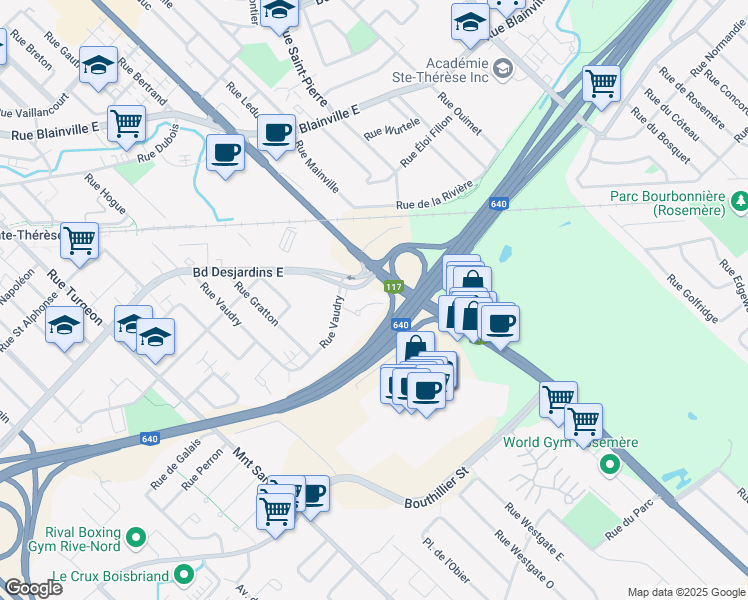 map of restaurants, bars, coffee shops, grocery stores, and more near 180 Place Brosseau in Sainte-Thérèse