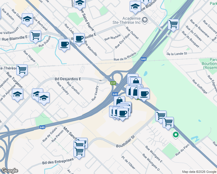 map of restaurants, bars, coffee shops, grocery stores, and more near 180 Place Brosseau in Sainte-Thérèse