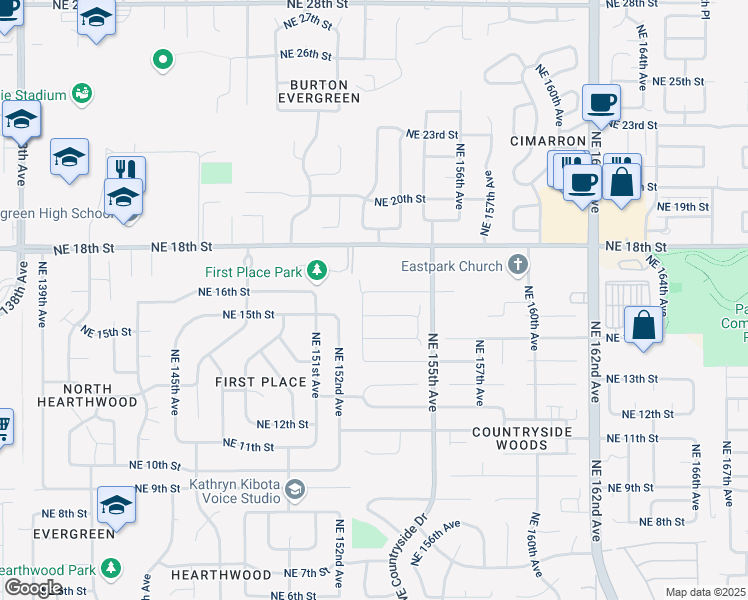 map of restaurants, bars, coffee shops, grocery stores, and more near 15308 Northeast 17th Street in Vancouver