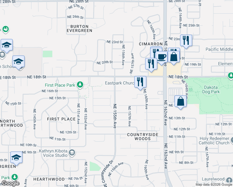 map of restaurants, bars, coffee shops, grocery stores, and more near 15512 Northeast 17th Circle in Vancouver