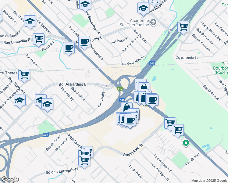 map of restaurants, bars, coffee shops, grocery stores, and more near 190 Place Brosseau in Sainte-Thérèse
