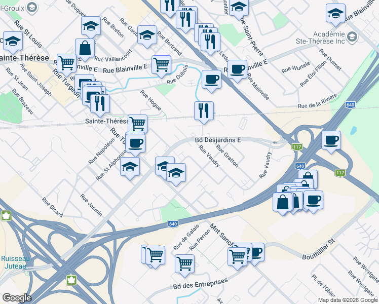 map of restaurants, bars, coffee shops, grocery stores, and more near 75 Rue Joseph Hamelin in Sainte-Thã©Rã¨Se