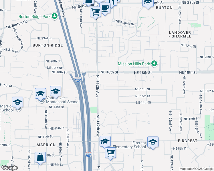 map of restaurants, bars, coffee shops, grocery stores, and more near 11313 Northeast 17th Street in Vancouver