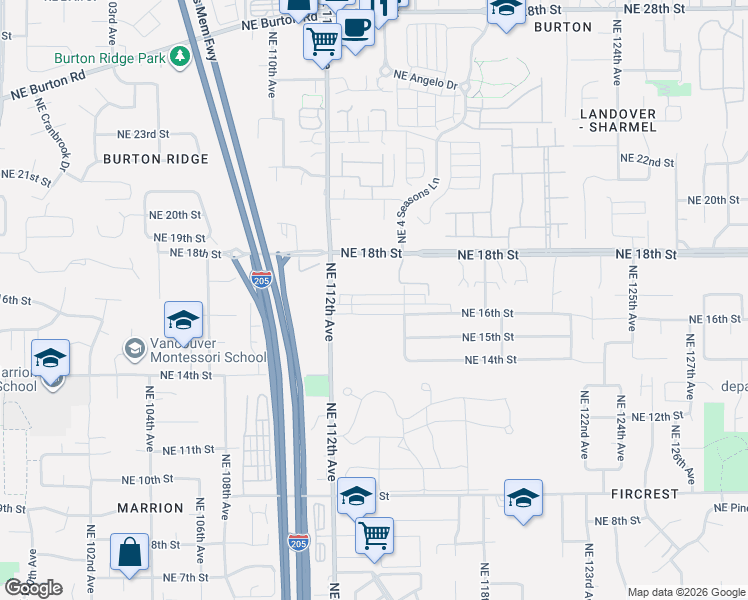 map of restaurants, bars, coffee shops, grocery stores, and more near 11325 Northeast 17th Street in Vancouver