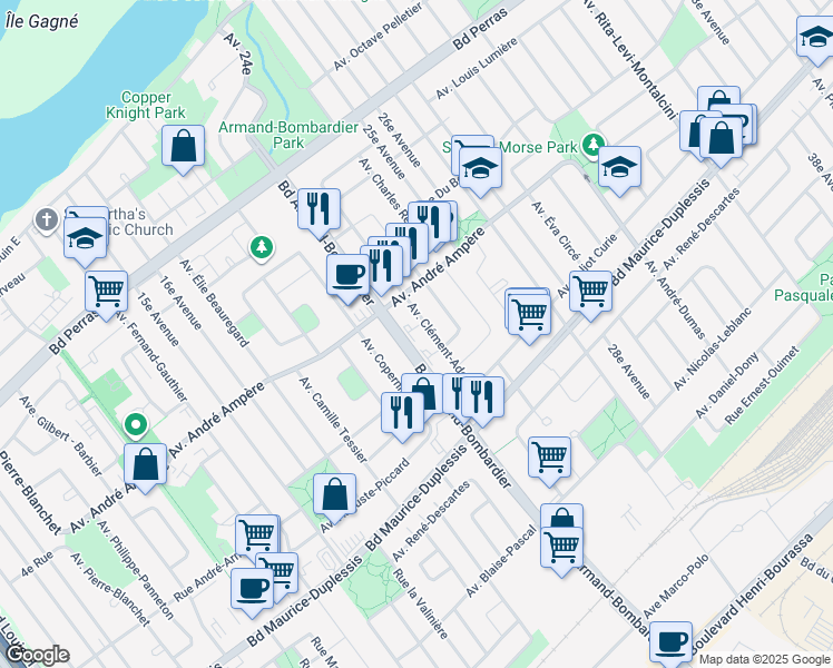 map of restaurants, bars, coffee shops, grocery stores, and more near 12060 Avenue Clément Ader in Montréal