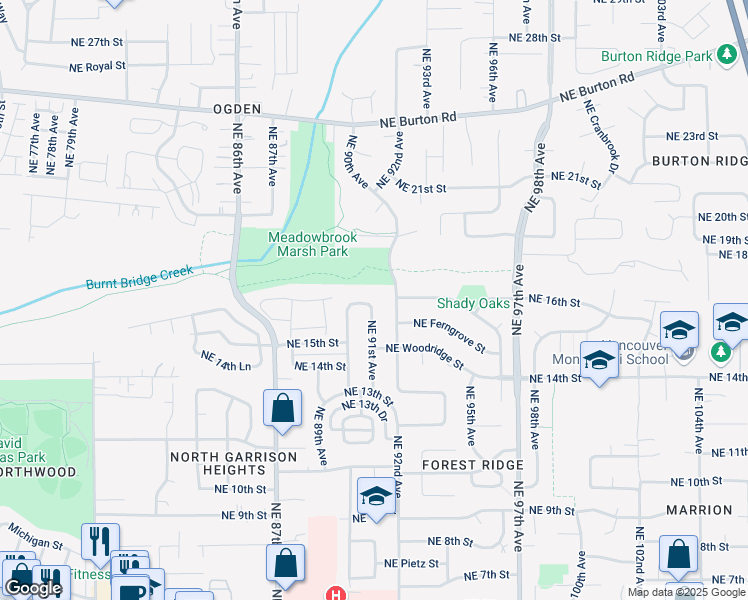 map of restaurants, bars, coffee shops, grocery stores, and more near 17954 Northeast 17th Street in Vancouver