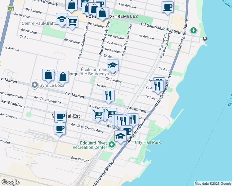 map of restaurants, bars, coffee shops, grocery stores, and more near 11530 Rue de la Gauchetière in Montréal